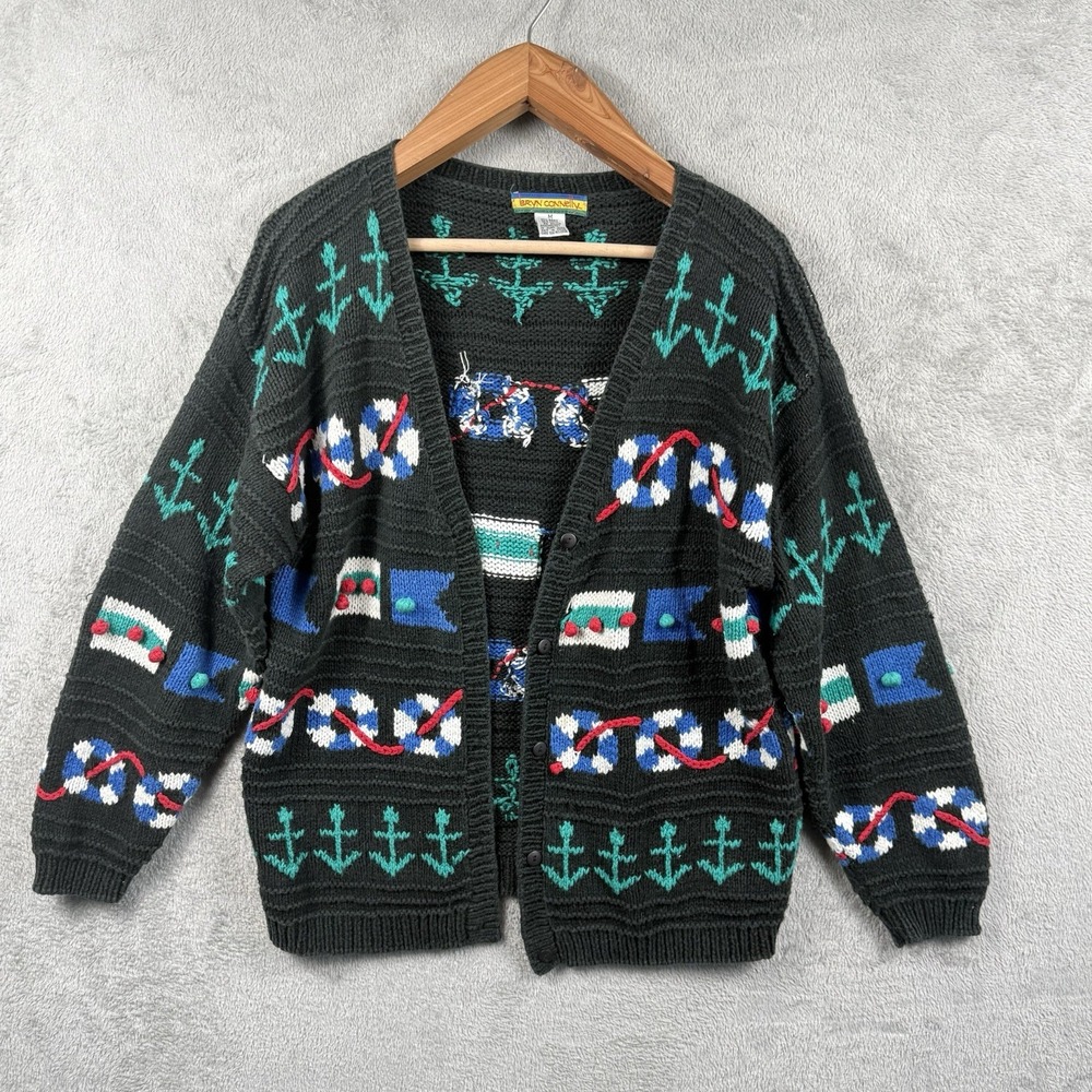 Bryn Connelly Cardigan Sweater Womens M Nautical Coastal Anchors Grandmacore VTG